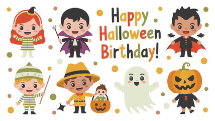 Cute Cartoon Halloween Birthday Illustration Witch, Vampire, Ghost, Scarecrow, Pumpkin Head Characters with Colorful Dots