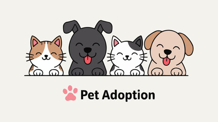 Naklejka premium Cute Cartoon Cats and Dogs Illustration for Pet Adoption Campaign or Advertisement Banner