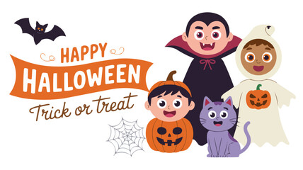 Cute Cartoon Kids in Halloween Costumes Vampire, Ghost, Pumpkin, Cat, With Happy Halloween