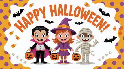 Cute Cartoon Kids in Halloween Costumes Vampire, Witch, and Mummy Holding Pumpkin Buckets