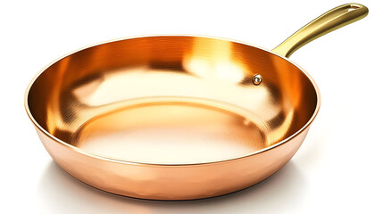 Copper frying pan, round shape, polished copper surface, gold handle, isolated on white background