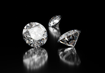 3D render group diamonds with caustic placed on glossy blackground
