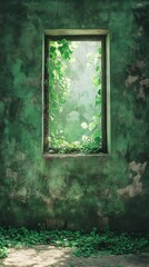 Window with Green Vines on Grunge Wall, Natural Light