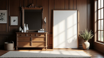 Wooden Gallery Room Interior with Rustic Wooden Decor: A Cozy Space for Art and Creativity