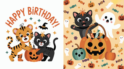 Cute Halloween Birthday Animals Tiger, Black Cat, Pumpkins, Ghost, Candy, Stars, and Party Hats Background