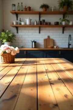 Rustic Wooden Kitchen Table with Fresh Flowers in Cozy Sunlit Interior