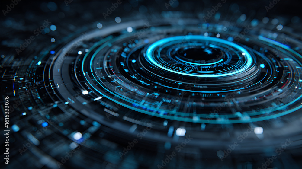 Poster abstract futuristic technology swirls with glowing blue circuits and intricate patterns, suggesting 