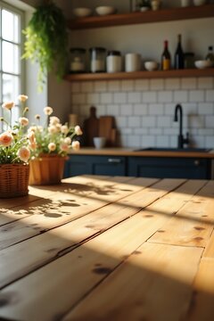 Rustic Wooden Kitchen Table with Fresh Flowers in Natural Sunlight