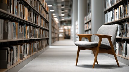 Calm quiet library aisle with tall wooden bookshelves, single wooden chair and wide blank carpet walkway, peaceful academic reading and study interior for education, knowledge and learning environment