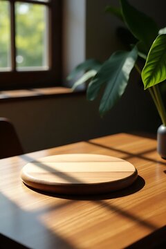 Round Wooden Cutting Board on Wooden Table with Natural Sunlight
