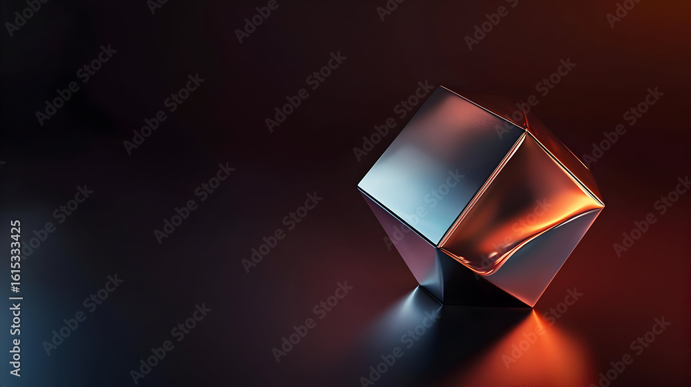 Aufkleber metallic cube, illuminated by warm and cool tones, rests on a dark surface. its facets reflect the l