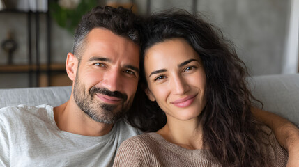 Fototapeta premium A happy couple smiles warmly at the camera, their faces close together in a loving and intimate portrait of connection and affection.