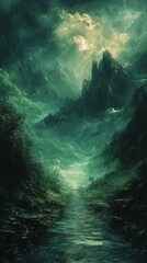 River Leading to Majestic Mountains Under a Cloudy Sky