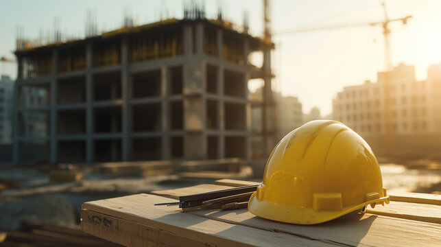 Labor Day Construction Site Hard Hat and Tools Close-Up