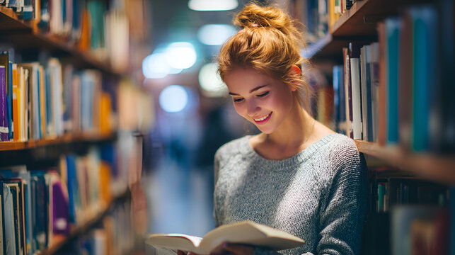 A young woman with auburn hair smiles while reading a book in a library filled with colorful bookshelves, lost in the story.