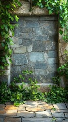 Stone Wall with Ivy Growing on Brick Path Surface in Natural Light