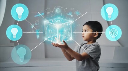 A child holding a holographic cube filled with scientific and mathematical symbols - Powered by Adobe