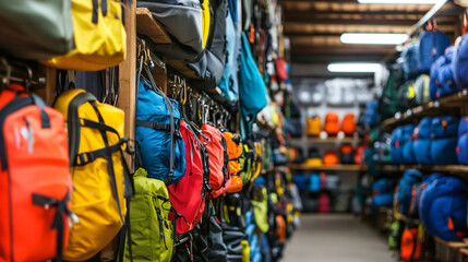 Collection of colorful backpacks piled together displaying various styles and patterns in a row