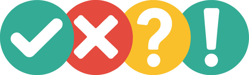 Fototapeta premium Checkmark X Question Exclamation Icons in Teal Red Yellow Circles on White