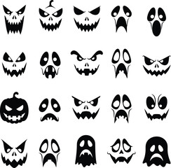 Spooky Halloween pumpkin and ghost faces for festive holiday decorations and designs