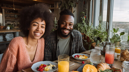 A cheerful couple enjoys a vibrant breakfast spread with fresh fruits, pastries, and juice, sharing smiles and a delightful moment together in a bright, inviting setting.
