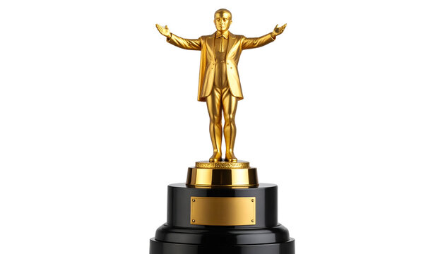 Golden Oscar award statue with a polished metallic finish and classic standing pose, mounted on a black pedestal base, fully isolated on a transparent PNG background 