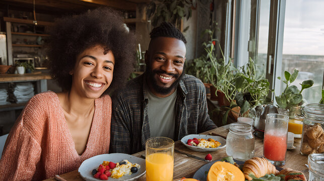 A cheerful couple enjoys a vibrant breakfast spread with fresh fruits, pastries, and juice, sharing smiles and a delightful moment together in a bright, inviting setting.