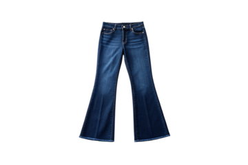 Medium wash blue flared jeans with wide leg opening and traditional denim construction details, isolated on a transparent background