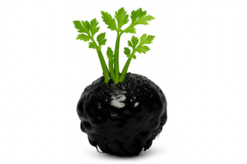 Dark vegetable sprouting bright green tendrils, contrasting against transparent backdrop, revealing intriguing botanical development