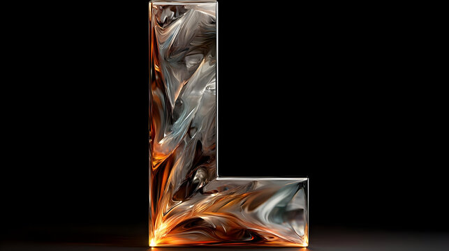 Capital letter L, stylized with flowing, marbled, and glowing, fiery effects