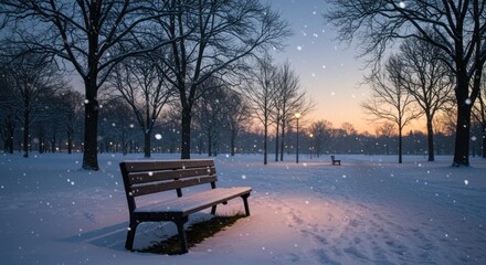 Snowy Park Bench in Winter Evening with Falling Snow