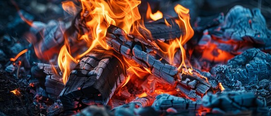 A shot of a piece of woods burning in the fire flames in the night - great for wallpapers