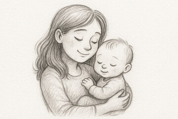 Mother and Baby Spot Illustration – Pencil Texture Drawing for Tender Parenting Themes