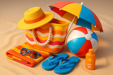 Vibrant 3D Summer Beach Essentials – Perfect Vacation Rendering