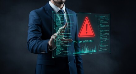 Businessman Interacting with Futuristic Hologram Display Showing System Warning and Code