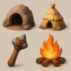 3D Prehistoric Dwelling Icons Set – Caves, Huts & Ancient Tools for Creative Projects