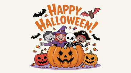 Happy Halloween Cartoon Children in Costumes with Pumpkins and Bats Illustration