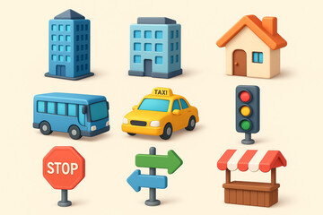 Urban Cityscape Icons – 3D Set with Buildings, Transport & Market Stalls