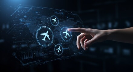 Futuristic Air Travel Booking System: Hand Interacting with Holographic Interface Showing Airplane Icons and Global Network Data