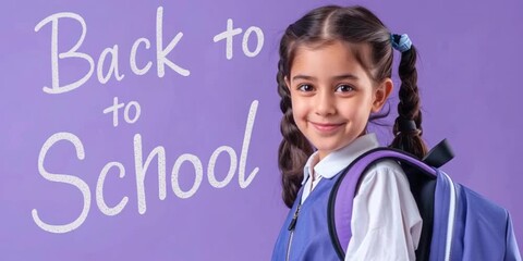 A cheerful schoolgirl in uniform with braids and a backpack smiles against a purple background. As she poses, the words "Back to School" appear behind her, written in chalk. - Powered by Adobe