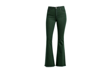 Dark green bootcut jeans with subtle flare and deep emerald colored denim fabric, isolated on a transparent background