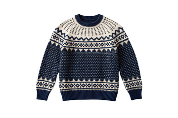 Navy blue and cream Fair Isle patterned sweater with geometric snowflake designs and long sleeves, isolated on a transparent background