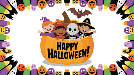 Obraz premium Happy Halloween! Children in Costumes Inside Pumpkin Bordered by Candy Corn, Bats, Ghosts, and Pumpkins