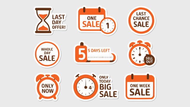 Orange Stickers Featuring Limited Time Offers, Sale Events, and Countdown Timers for Special Deals