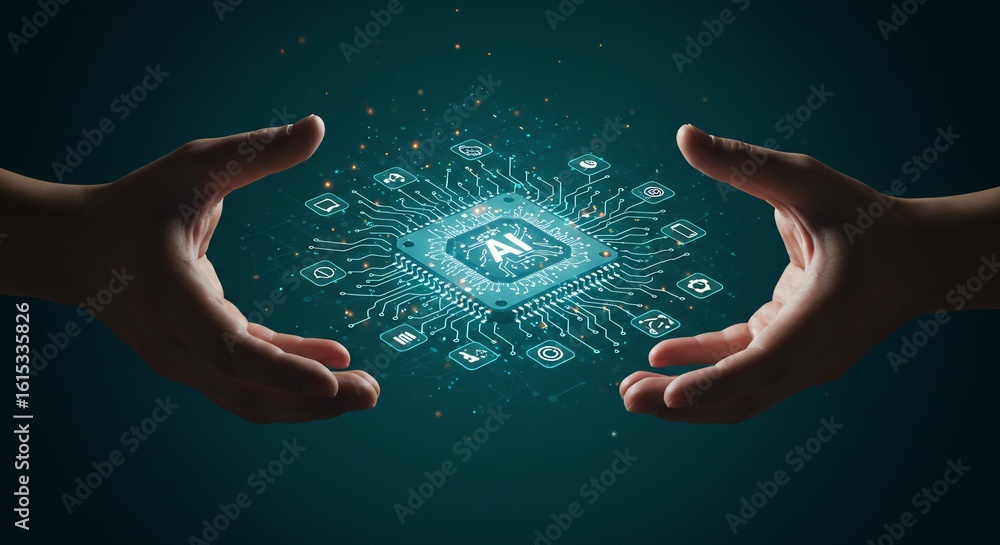 Fototapete human hands gently holding a futuristic ai microchip with network connections and icons representing