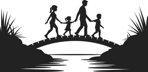 Family walking across bridge over water with grassy banks parents children