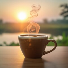 cup of hot coffee with sanset