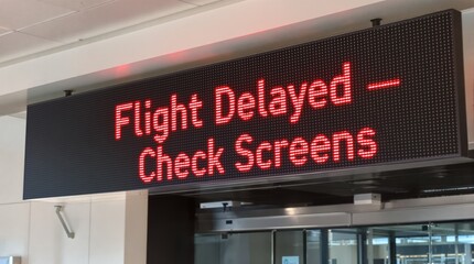 Digital display board showing flight delay information at an airport. Bright red text reads 'Flight Delayed - Check Screens'.