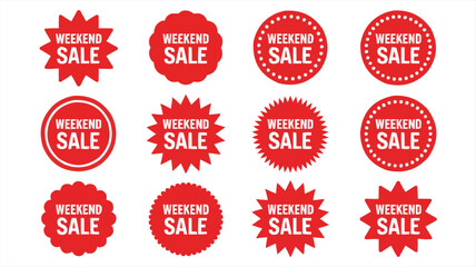 Red Weekend Sale Stickers with Various Shapes Starburst, Circle, Scalloped on White Background