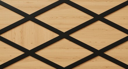 Abstract Geometric Pattern of Black Lines on Light Brown Wooden Background, Modern Design, 3D Render